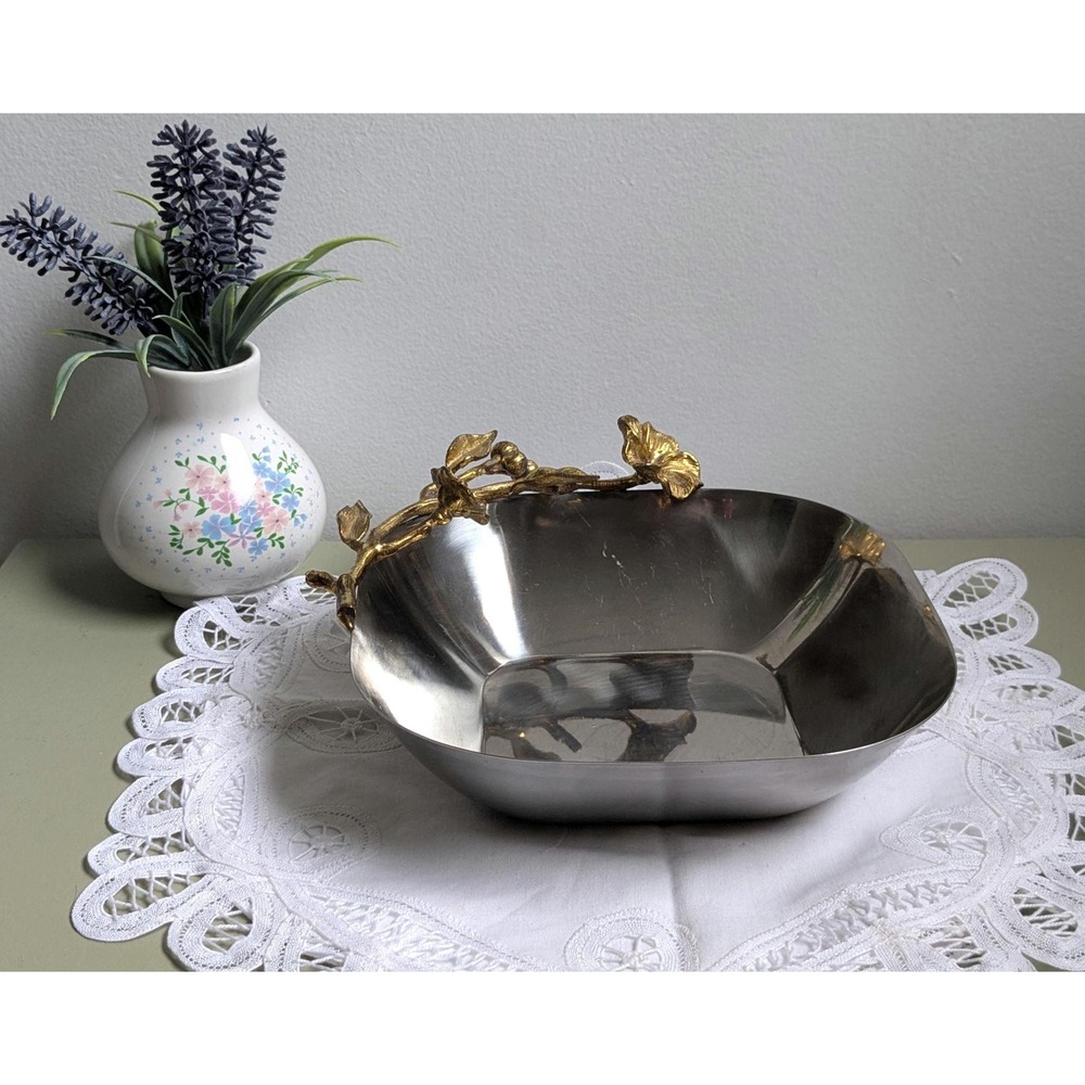 Vintage Stainless Steel Bowl with Gold Floral Branch Handle